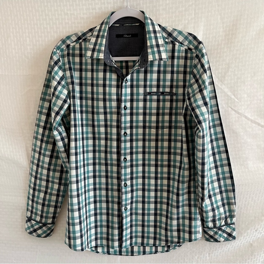 7 Diamonds Long Sleeve Button Up Shirt DarkDenim Blue and Green Plaid Size Small